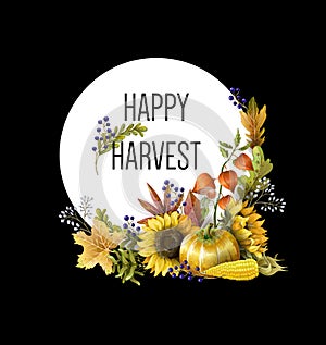 Greeting banner of Harvest holiday with autumn leaves, fruits, berries and vegetables. Vector illustration.