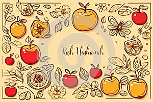 Greeting banner with symbols of Jewish holiday Rosh Hashana New Year.