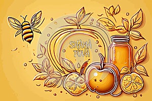 Greeting banner with symbols of Jewish holiday Rosh Hashana New Year.