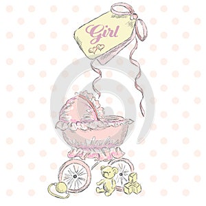 Greeting the birth of a girl. Children postcard . Children's items . Wheelchair . Vintage postcard.