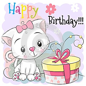 Greeting Birthday card cute Kitten with gift