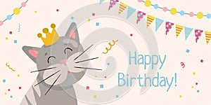 Greeting birthday card template. Color garland flags, cute cat in crown and confetti on pastel background.