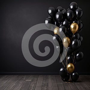 Greeting Black and Gold Air Balloons Party Wallpaper. Happy Birthday Greeting Card Banner Card Flyer Background Template