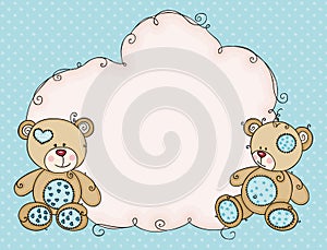 Greeting blue card with teddies and cloud blank label