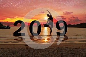 Greeting card 2019 happy new years. Silhouette healthy young woman practicing yoga on tropical beach with sky sunset. People