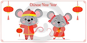 Greeting card with 2020 Chinese New Year. Two cute mouse or rat in Chinese traditional red costumes are holding a