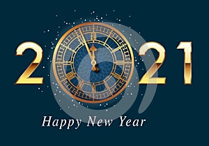 Greeting card 2021, presenting the Big-Ben clock with the year 2021 written in gold on a dark blue background.