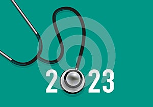 Greeting card 2023, on the theme of health symbolized by a stethoscope on a red background.