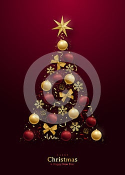 Greeting card with 3d christmas tree on dark red background.