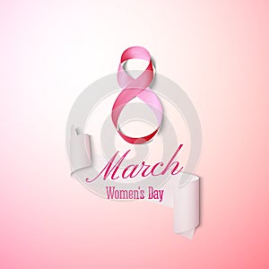 Greeting card for 8 March with banner and symbol of pink ribbon. International Womens Day. Vector illustration