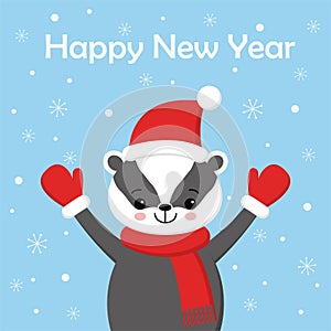 Greeting card with badger, snow and Happy New Year text, cartoon vector illustration