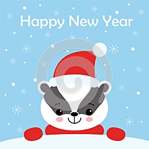 Greeting card with badger, snow and Happy New Year text, cartoon vector illustration