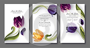 Spring, trendy, greeting or invitation card, template design with tulips flowers