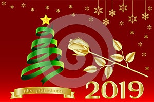 Greeting card, banner, calendar with a golden inscription Merry Christmas 2019 and golden rose.