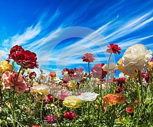 Greeting card. Beautiful landscape. Picturesque multi-colored garden buttercups. South of Israel, summer day. The concept of