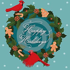 Greeting card with birds red cardinal and wreath. Vector graphics