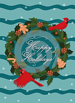 Greeting card with birds red cardinal and wreath. Vector graphics