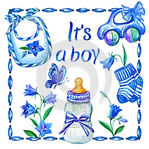 Greeting card for the birth of a boy with a baby bottle