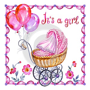 Greeting Card for birth of a girl with a baby carriage and balloons