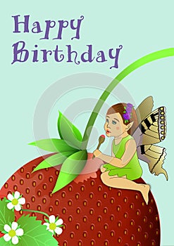 Greeting card birthday with fairy eating a strawberry