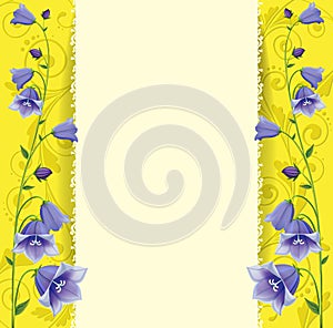 Greeting card, blue bells on gold background.
