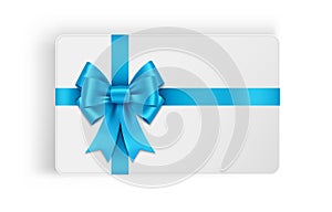 Greeting card with blue bow and ribbons, element for gift