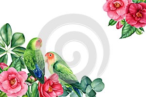 Greeting card, bouquet of flowers and lovebirds on isolated white background, watercolor illustration