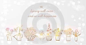 Greeting card with bouquetes of garden flowers and place for your text on white glowing background. photo