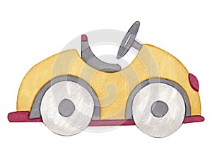 Greeting card for boy`s happy birthday with retro toy yellow car isolated on white background.