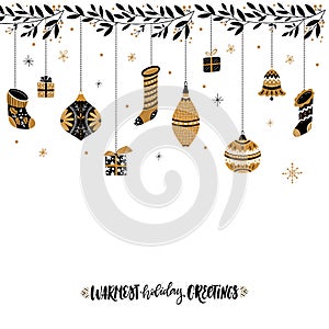 Greeting card with branches and Christmas decorations , socks, balls, gift, bell isolated