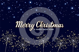 Greeting card with bright sparklers and starry sky. Merry Christmas and happy new year lettering on dark background.