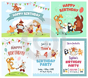 Greeting card with cartoon animals. Cute animal musicians play happy birthday song, dancing party invitation poster and