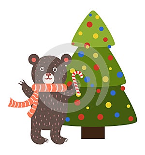 Greeting Card Cartoon Bear with Candy Stick Tree