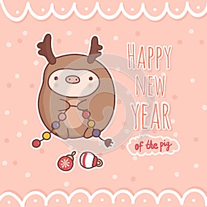 Greeting card with cartoon pig in deer costume.