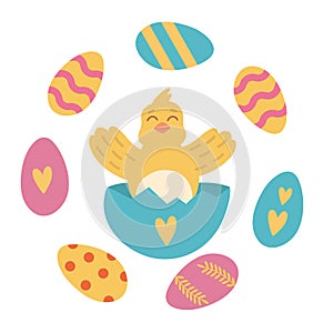 Greeting card with a chicken. Chicken hatched. Circle of Easter Eggs.