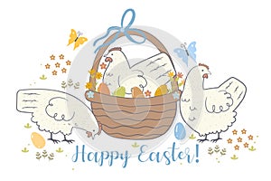 Greeting card with with chickens and flowers and the inscription Happy Easter. Vector graphics