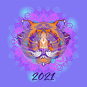 Greeting card for chinese 2021 new year with tiger and ornaments