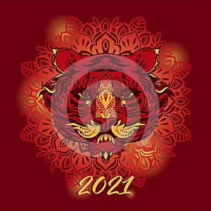 Greeting card for chinese 2021 new year with tiger and ornaments