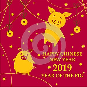 Greeting card for Chinese New Year 2019 with funny pigs, stars and happy lucky coins on the cross background