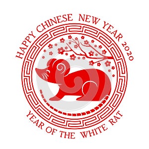 Greeting card with Chinese new year 2020 white rat on the astrological calendar. Gong Xi Fa Cai.