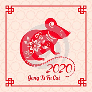 Greeting card with Chinese new year 2020 white rat on the astrological calendar. Gong Xi Fa Cai. Golden traditional Chinese
