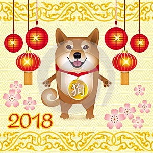 Greeting card Chinese new year with funny dog and Chinese lanterns