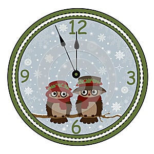 Greeting card a Christmas clock with owls on branch