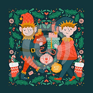 Greeting card with Christmas elves and scandinavian decorations