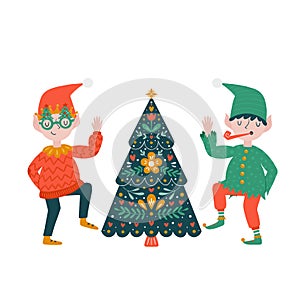 Greeting card with Christmas elves and scandinavian decorations