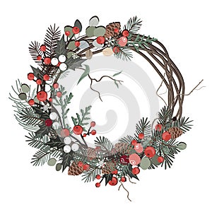 Greeting card with a Christmas festive floral wreath. Vector illustration