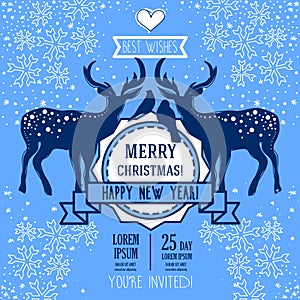 Greeting card for christmas and happy new year with couple of christmas deer and birds