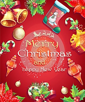 Greeting card with Christmas and New Year with the image of Christmas items