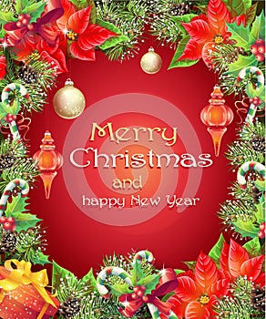 Greeting card with Christmas and New Year tree with branches, pine cones, toys, candy and flower