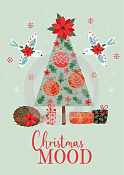 Greeting card with Christmas tree and animals